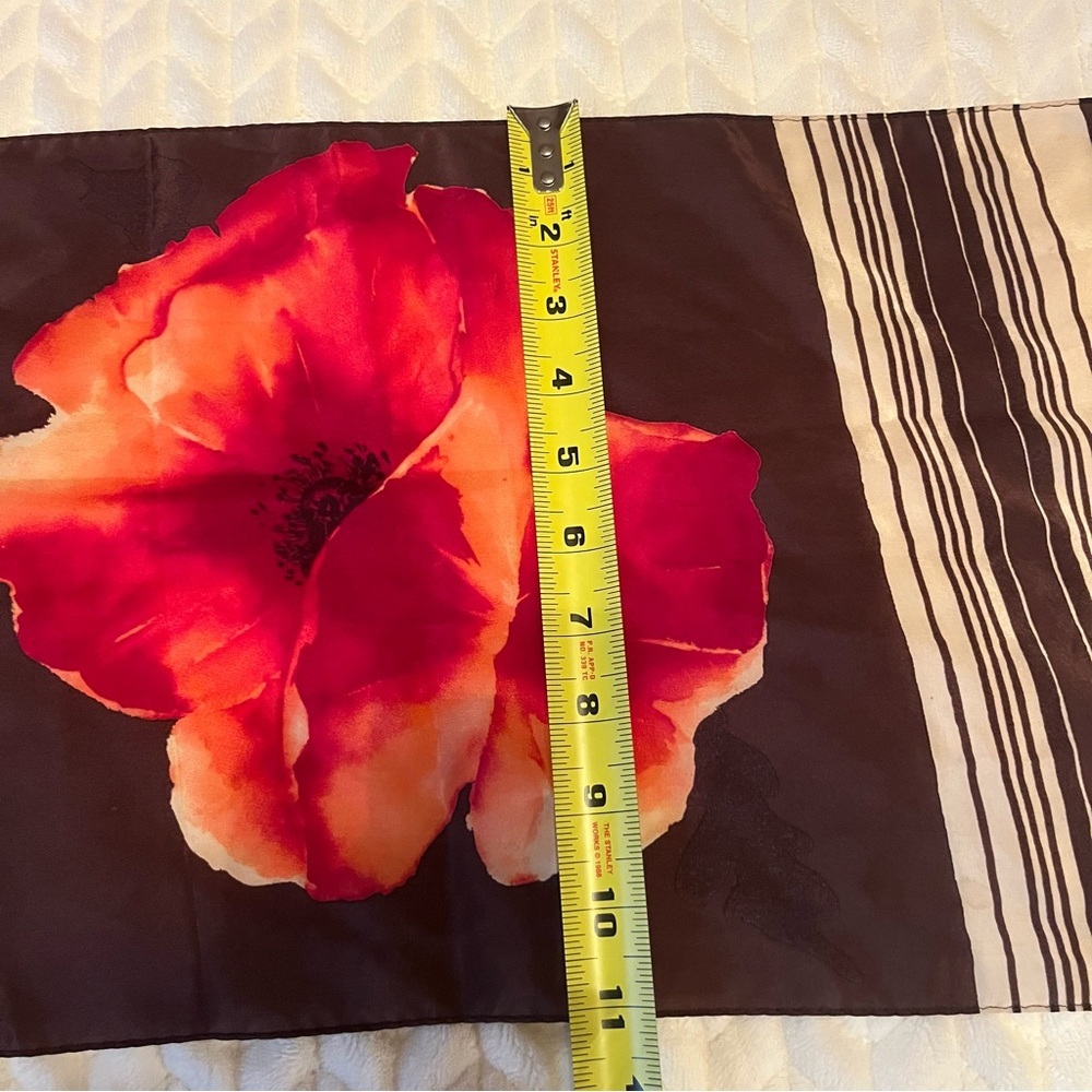 Oscar de la Renta  Vintage Brown Red Poppy Silk Satin Oblong Scarf designer - Picture 6 of 8